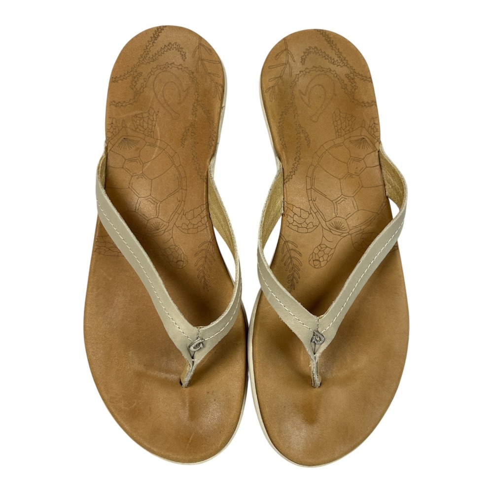 OluKai Excellent Used Sandals Women 9 Tan Honu Sea Turtle Thong Flip Flops - Picture 2 of 7